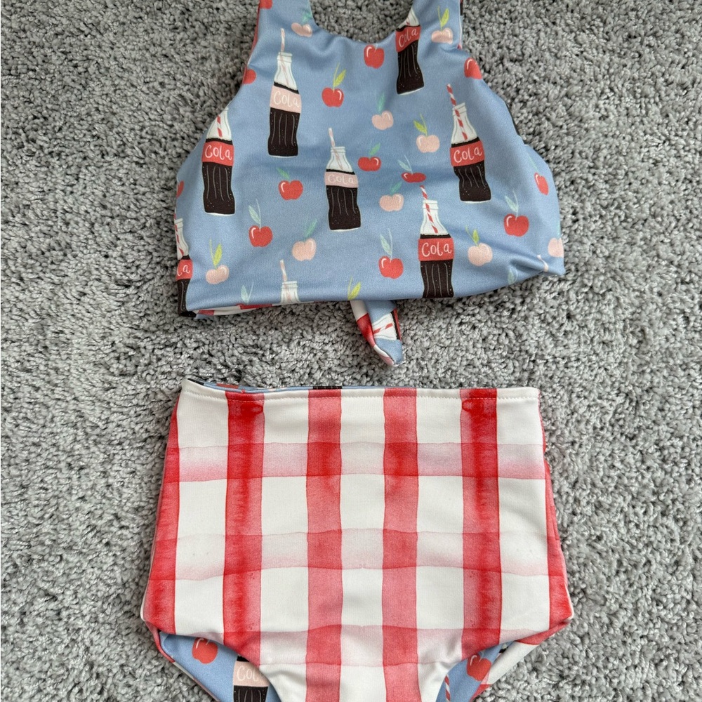 Reversible Blue and Red Two-Piece Swimsuit with Cola Print